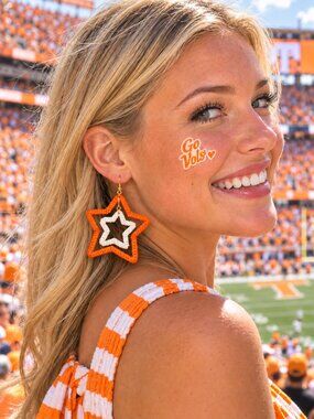 University of Tennessee VOLS Football Gameday Orange White Raffia STAR Earrings